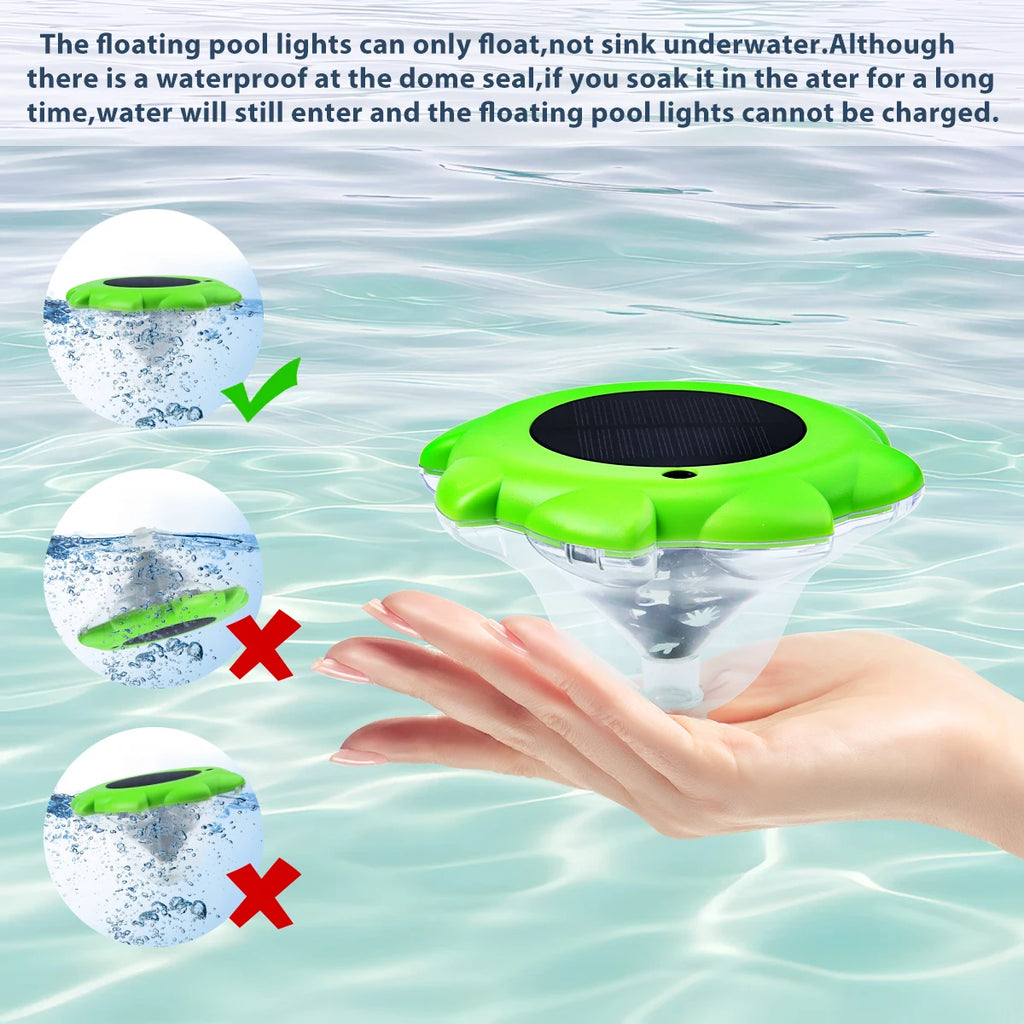 RGB waterproof LED solar floating pool light by Showlu Smart General, glowing with colorful illumination for garden and pool decoration.