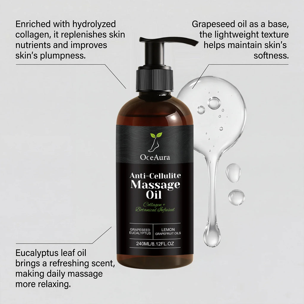OceAura Collagen Anti-Cellulite Massage Oil bottle from Showlu Fashion Store, shows the firming and nourishing product for skin care.