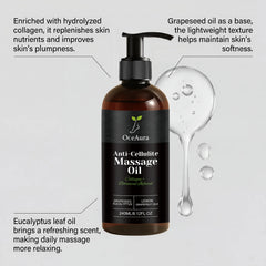 A bottle of Oceaura anti-cellulite massage oil with a clear oil droplet next to it.