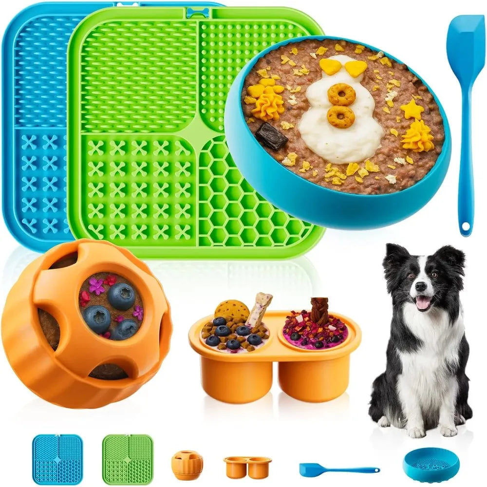 Six dog enrichment toys including lick mats, puzzle balls, and bowls for peanut butter treats, designed for anxiety relief and boredom.