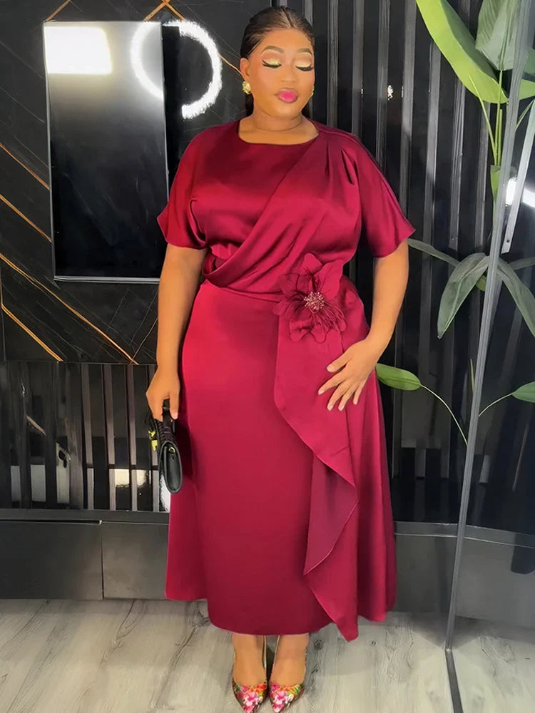 SHOWLU Women's satin maxi evening dress with short sleeves, featuring an African abaya design, perfect for elegant occasions