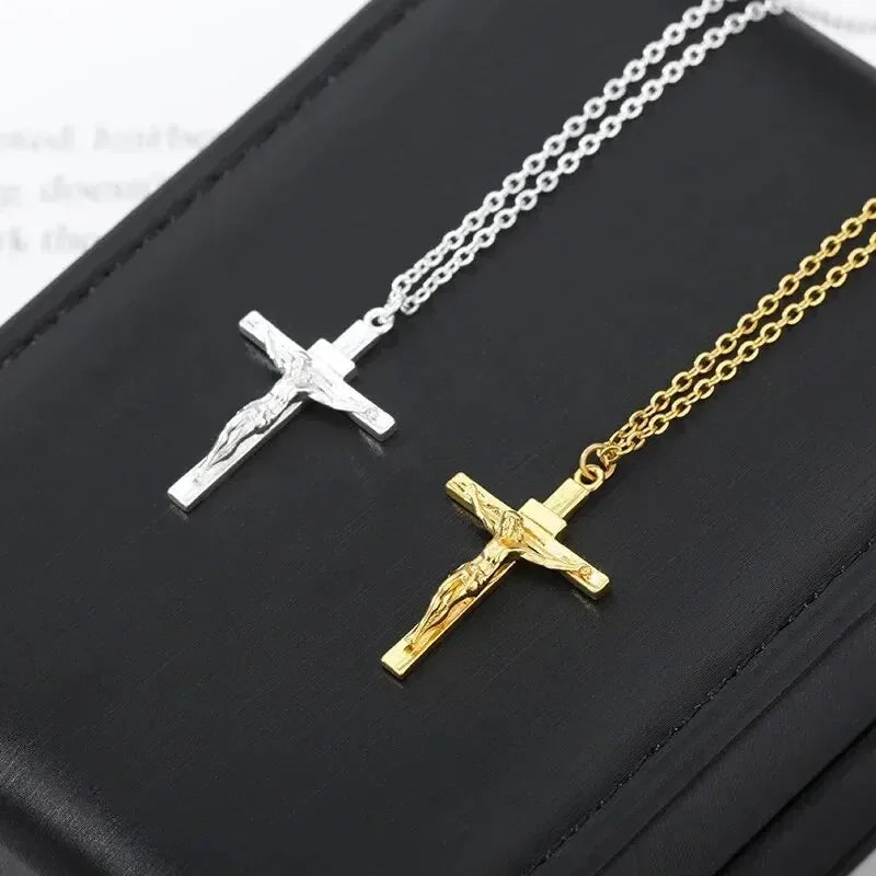 18K gold plated unisex cross necklace with religious pendant, hypoallergenic, non-fading church jewelry on a chain.