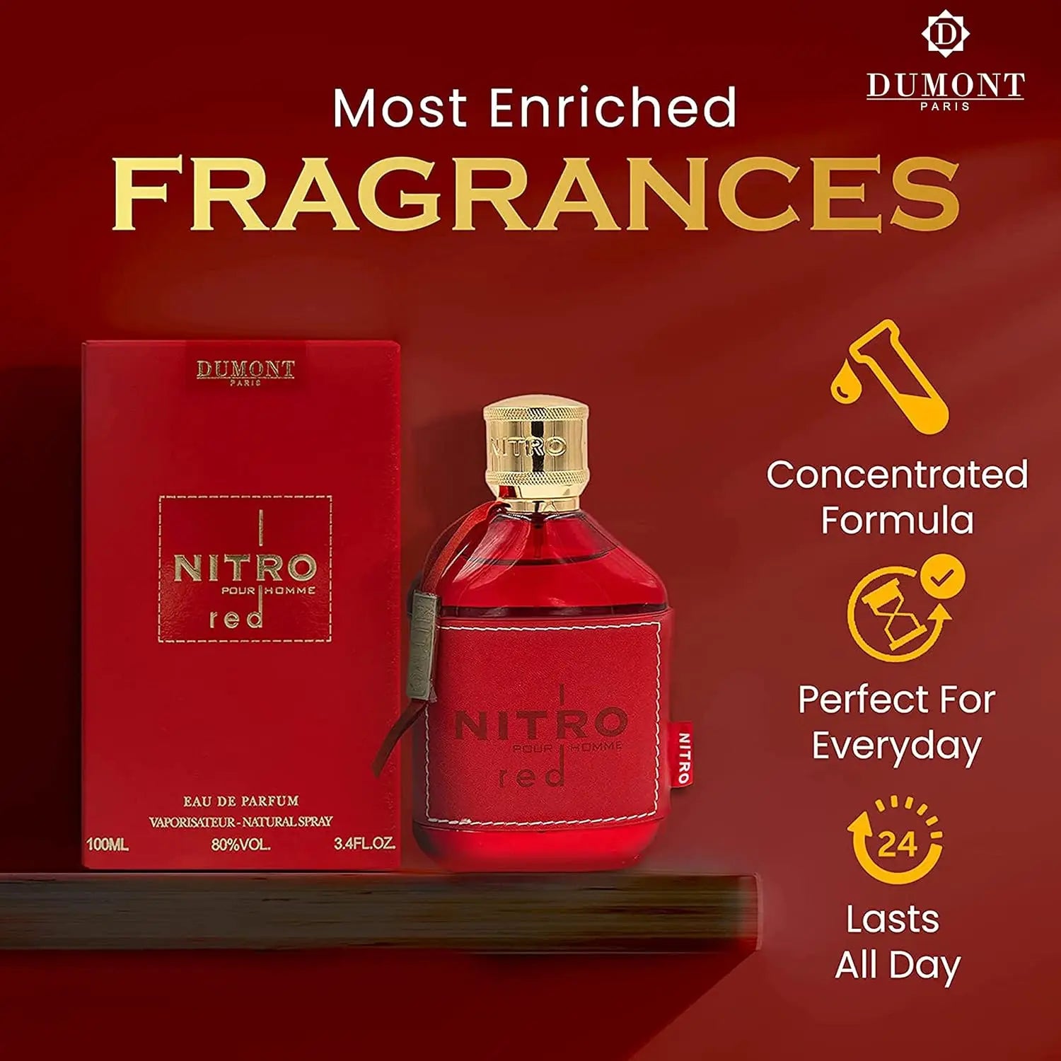 Nitro Red Eau De Parfum for Men by SHOWLU FASHION STORE, featuring a long-lasting woody fragrance in a sleek bottle.