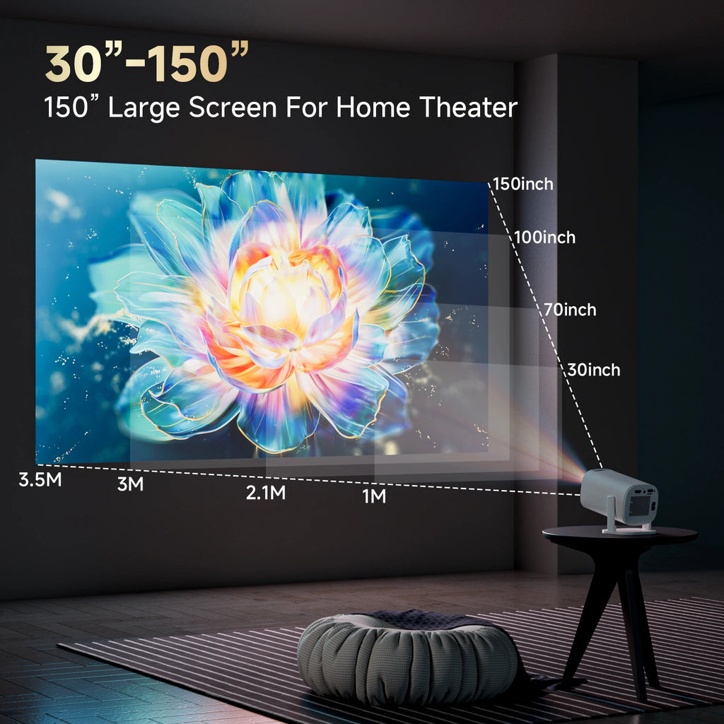 Showlu Smart P30PRO Mini Projector displaying a movie scene, portable home theater device with compact design and clear projection.