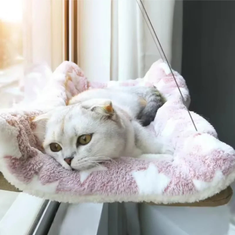Showlu Cat Window Hammock hanging in a sunny window, breathable fabric bed for cats up to 20kg, providing cozy outdoor view lounging.