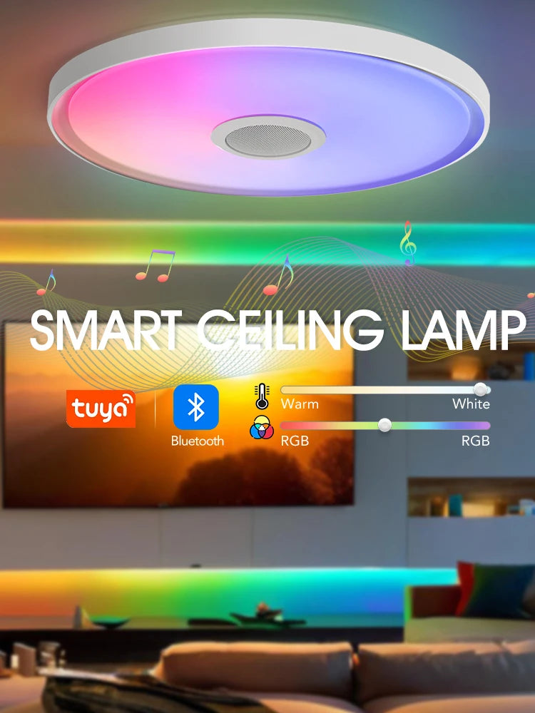 Showlu Smart RGB LED ceiling light with Bluetooth speaker, remote control, and modern design for customizable lighting and sound.