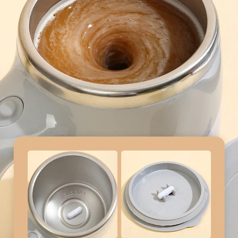 Magnetic stainless steel XMSJ automatic stirring coffee mug with lid, designed for easy mixing and hot beverages.