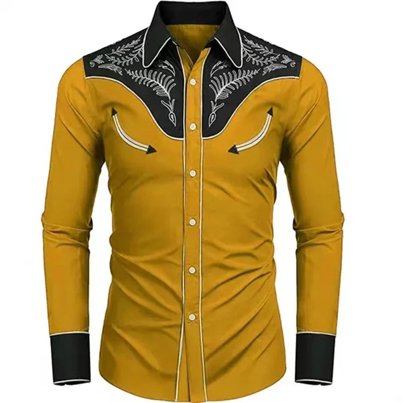 Men's casual tribal ethnic long sleeve shirt by Showlu Fashion, featuring button lapel, soft fabric, and comfortable fit.