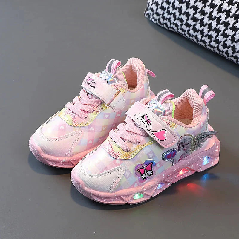 Disney Frozen Elsa girls' LED light pink and purple leather sneakers featuring Frozen-themed design and glowing lights.