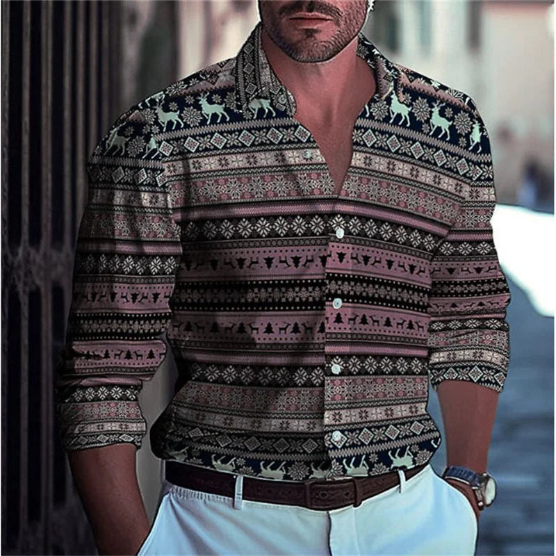 Blue plaid Hawaiian men's long sleeve button-up shirt with color block design, casual summer beachwear, comfortable lapel style