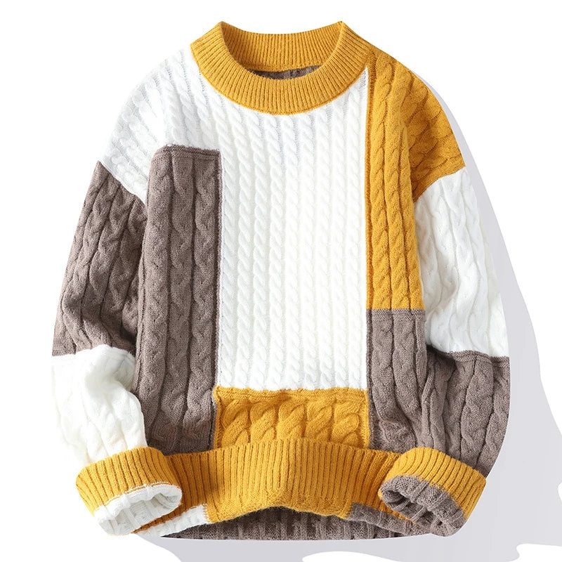 Men's patchwork knit sweater from Showlu Fashion, casual high-quality winter streetwear with a loose fit and warm winter design.