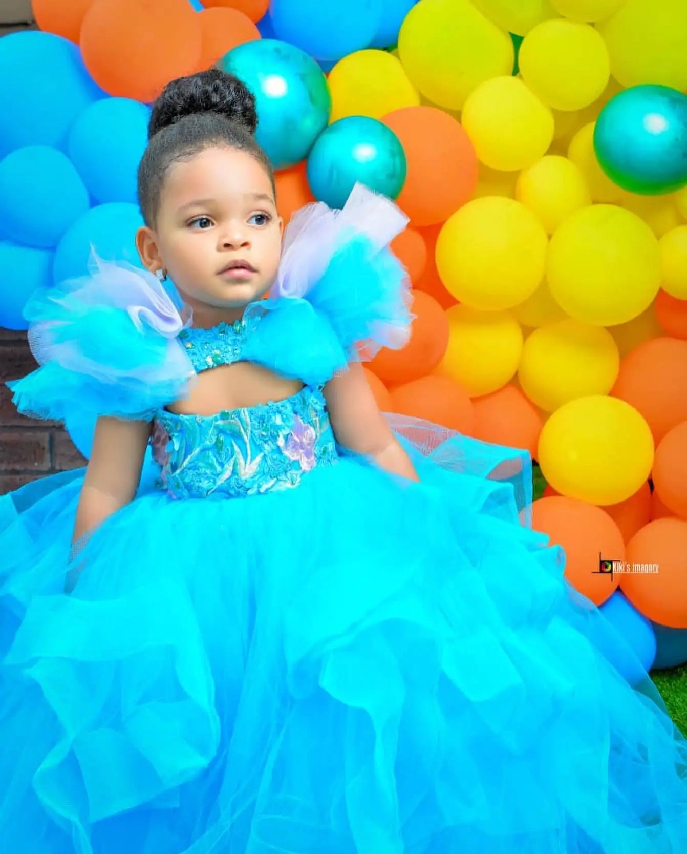 Blue flower girl dress by SHOWLU FASHION STORE, tulle ruffle ball gown with floral embellishments for pageants.