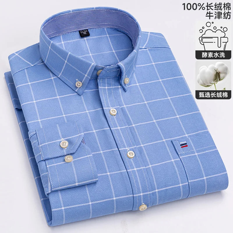 Men's long sleeve plaid Oxford dress shirt in 100% pure cotton, regular fit, soft, formal style, available in 6XL and 7XL sizes.