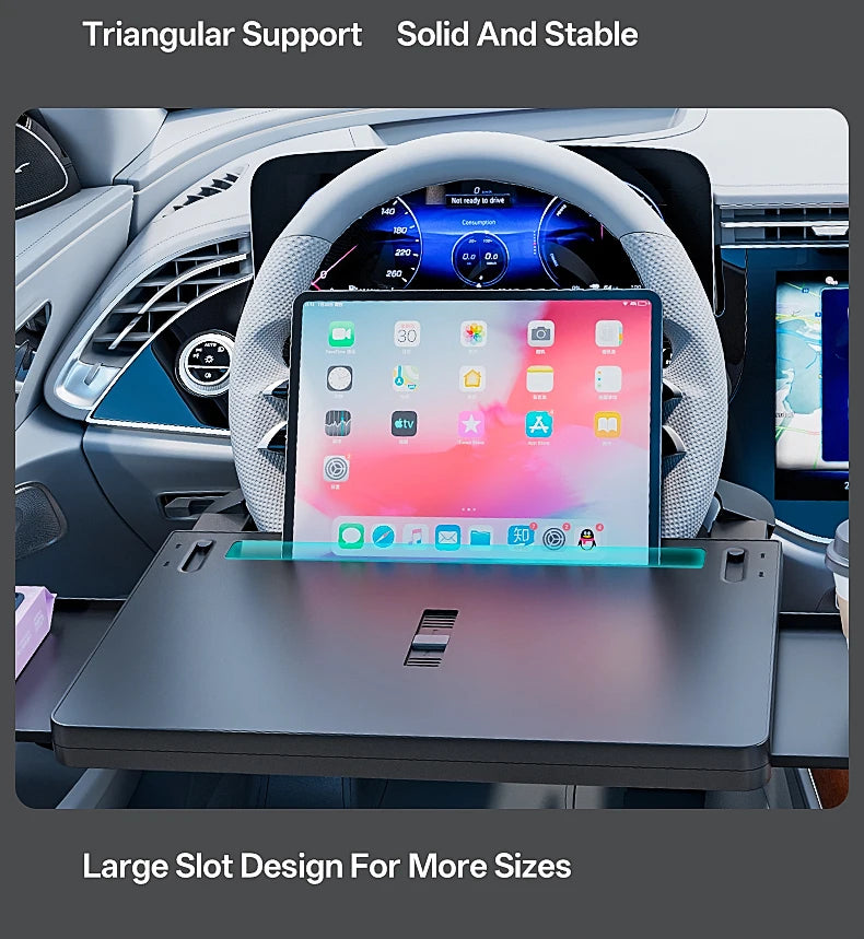 Showlu Smart General car steering wheel tray attached to steering wheel for convenient table surface in vehicle.
