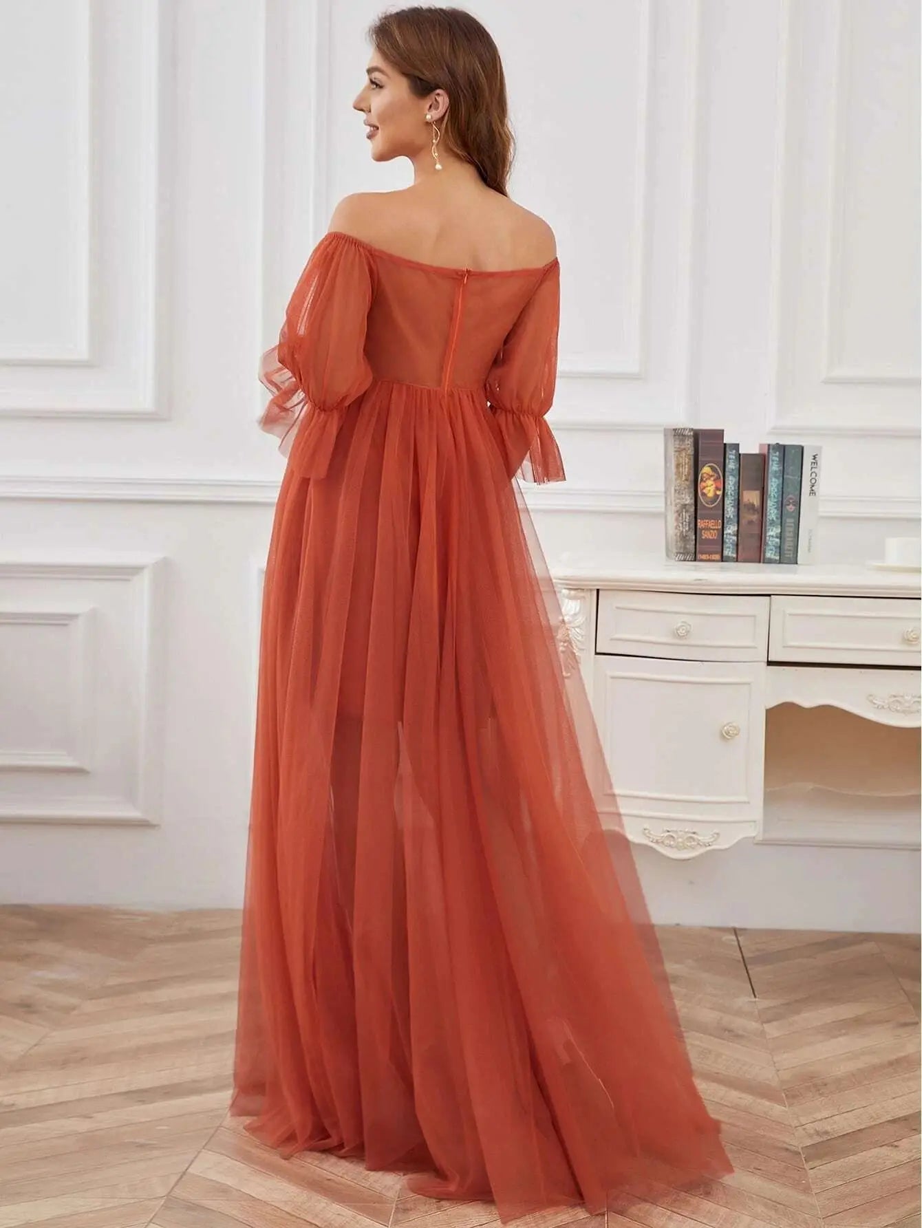 SHOWLU FASHION STORE Cathery off-shoulder tulle maternity dress with lace details, perfect for photoshoots and special occasions.
