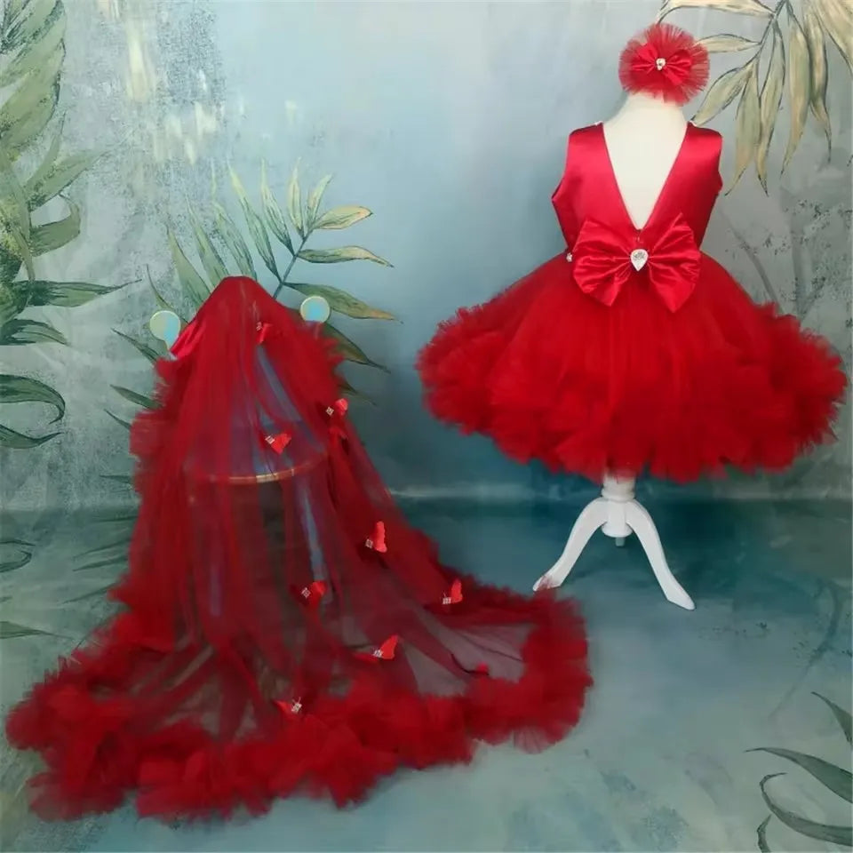 Customized Red Flower Girl Dresses For Wedding Tulle Butterflies With Bow Puffy Cute Toddler Birthday Party Pageant Ball Gown