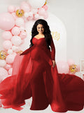 SHOWLU long sleeve mesh maternity dress with train, elegant for photoshoots, featuring sheer fabric and flowing silhouette.