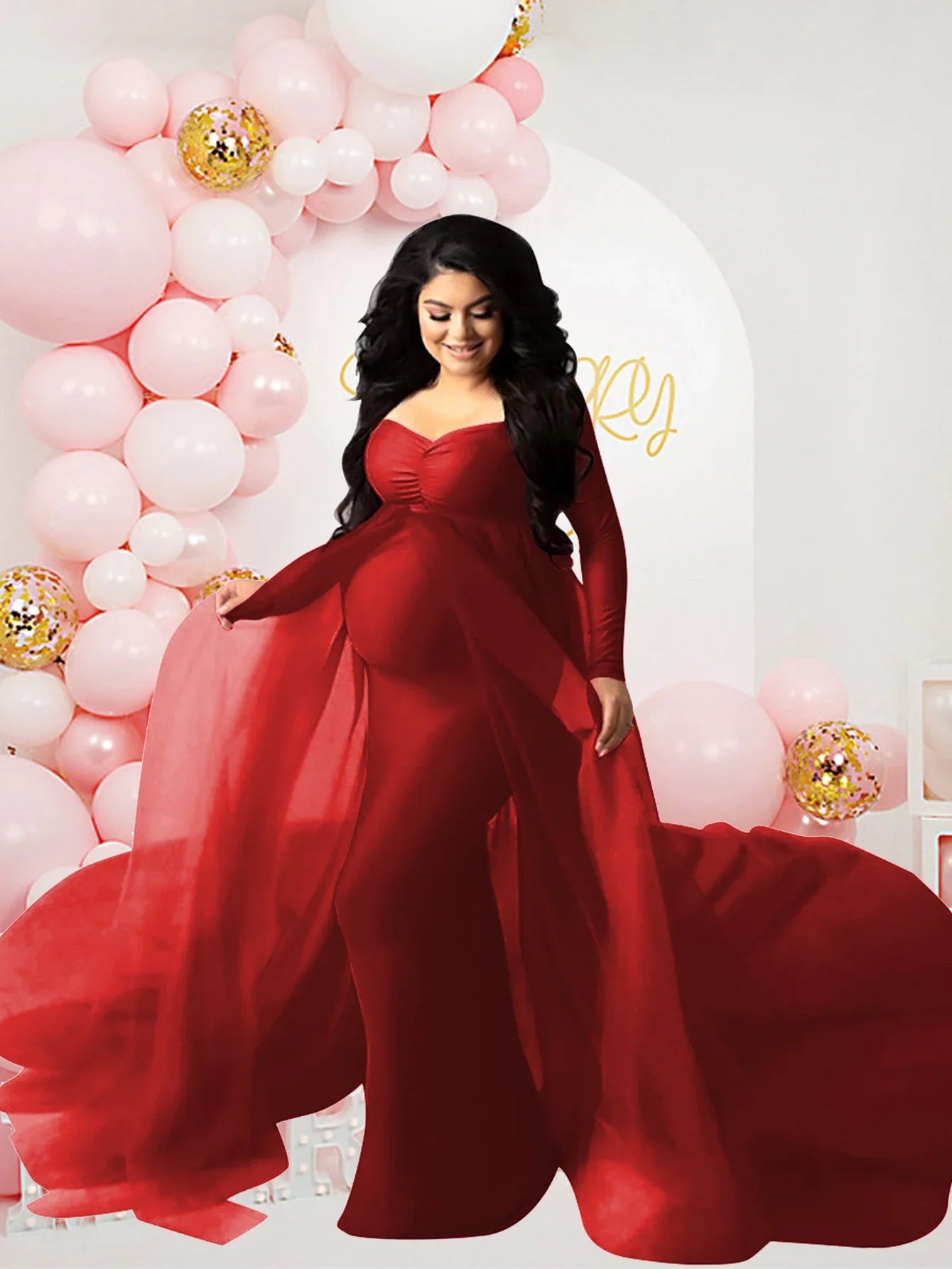 SHOWLU long sleeve mesh maternity dress with train, elegant for photoshoots, featuring sheer fabric and flowing silhouette.