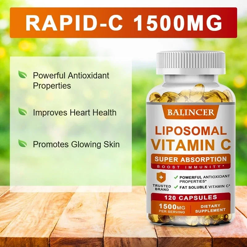 Liposomal Vitamin C capsules by Showlu Fashion Store, promoting collagen, immune support, and antioxidant health, in a clear bottle.