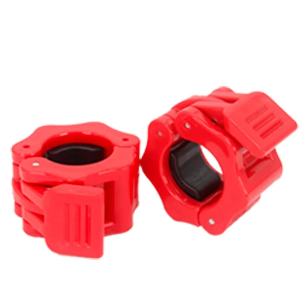 Pair of Showlu Fashion Store 25/30mm fitness barbell clamps with quick-release hexagon spin lock for secure weight locking.