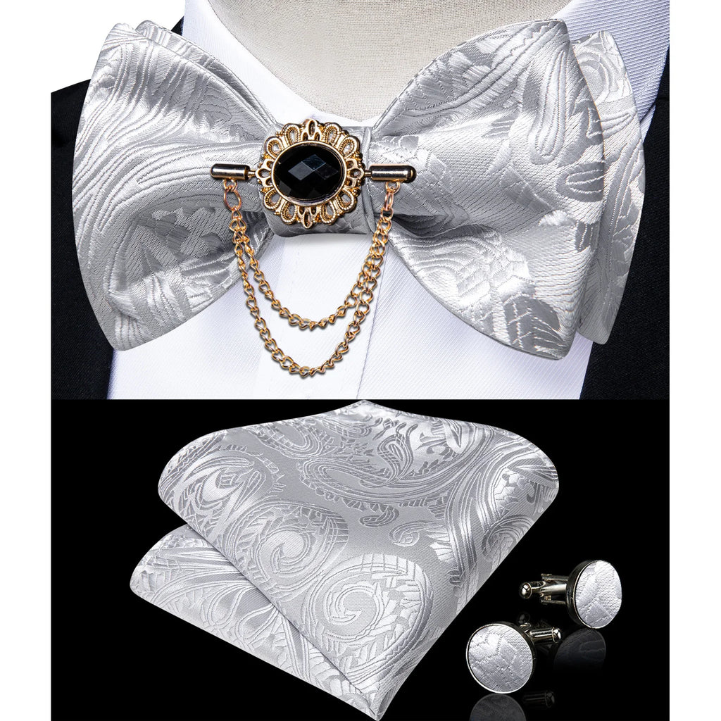 Pink solid bow tie set for men featuring matching pocket square and cufflinks, ideal for weddings and formal occasions.
