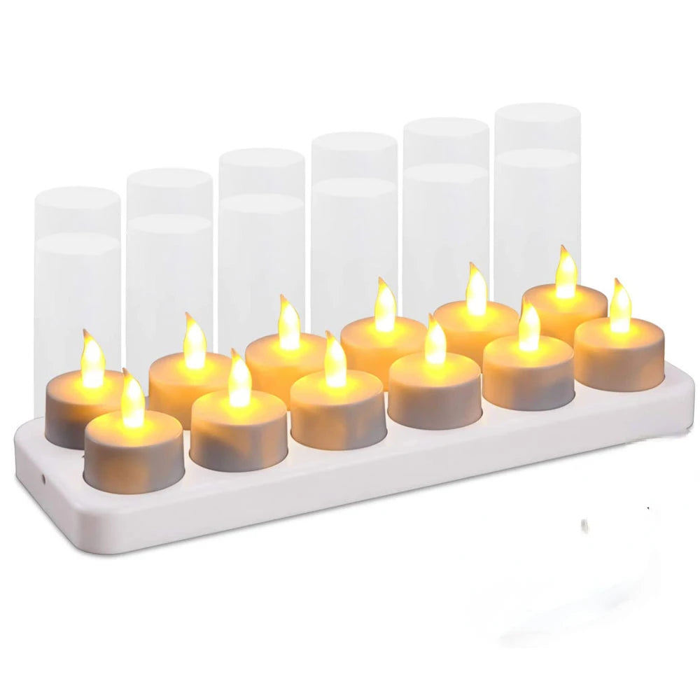 Showlu Smart General LED rechargeable candle set with flickering warm light, featuring elegant white candles on a decorative tray.