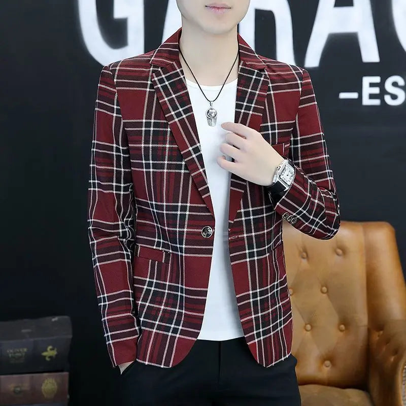 Men's slim fit striped plaid blazer by SHOWLU FASHION STORE, casual Korean style jacket with tailored fit and stylish pattern.