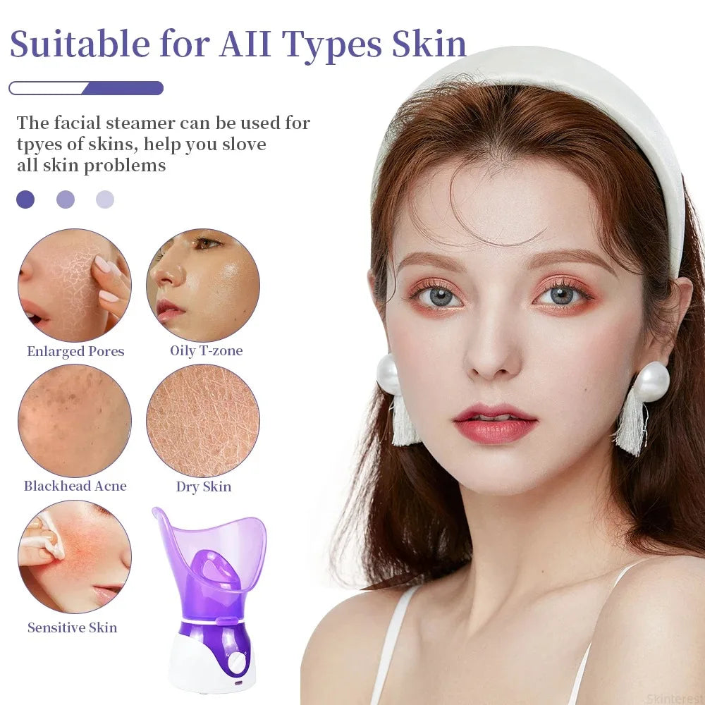 Showlu Smart General facial steamer with hot and cold spray for face moisturizing, shown with its compact design and spray nozzle.