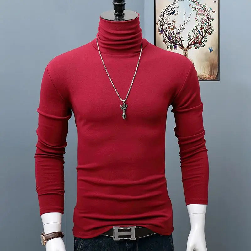 Men's dark red stretch turtleneck top with long sleeves, casual autumn winter men's t-shirt, plus size, stylish and comfortable.