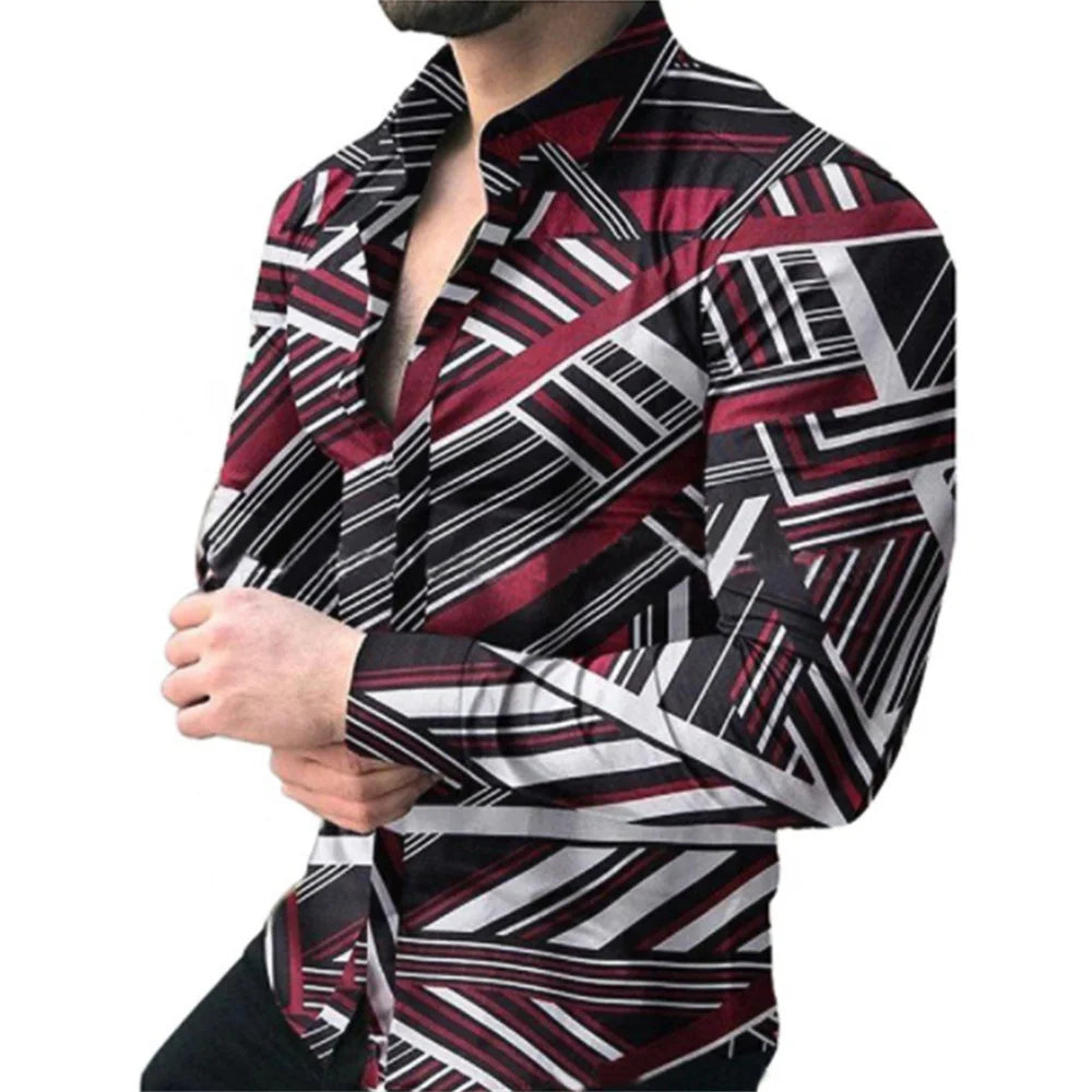 Men's long sleeve casual shirt by Showlu Fashion, featuring a lapel collar, single-breasted design, suitable for streetwear and everyday wear.