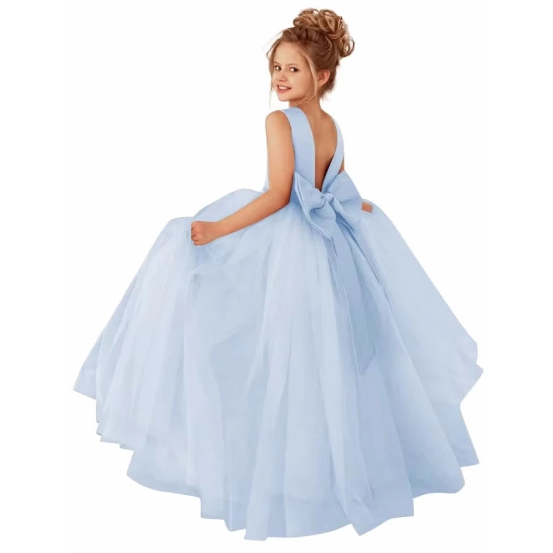 Dusty pink flower girl dress by Showlu Fashion Store with pearl belt, ball gown style perfect for weddings.