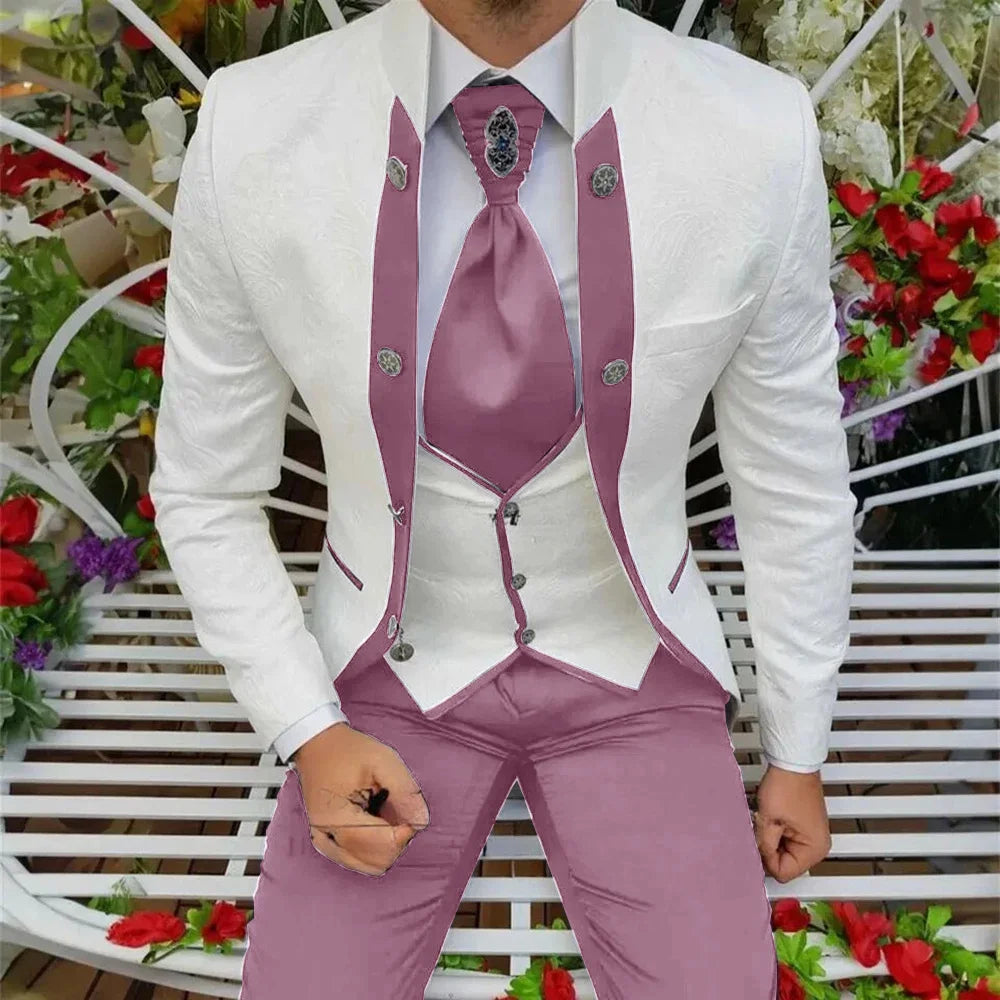 Royal blue Showlu men's 3-piece wool tuxedo suit with jacket, vest, and trousers, ideal for wedding groom attire.