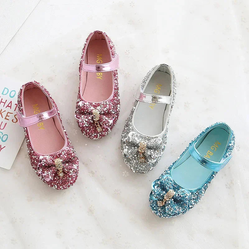 Showlu Girls sequin rhinestone princess flats made of PU leather, stylish kids shoes with sparkly embellishments.