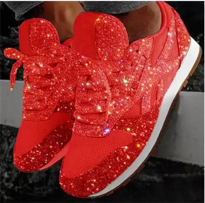 SHOWLU FASHION STORE women's bling flat sneakers with casual mesh slip-on design, featuring shiny embellishments and comfortable flat sole