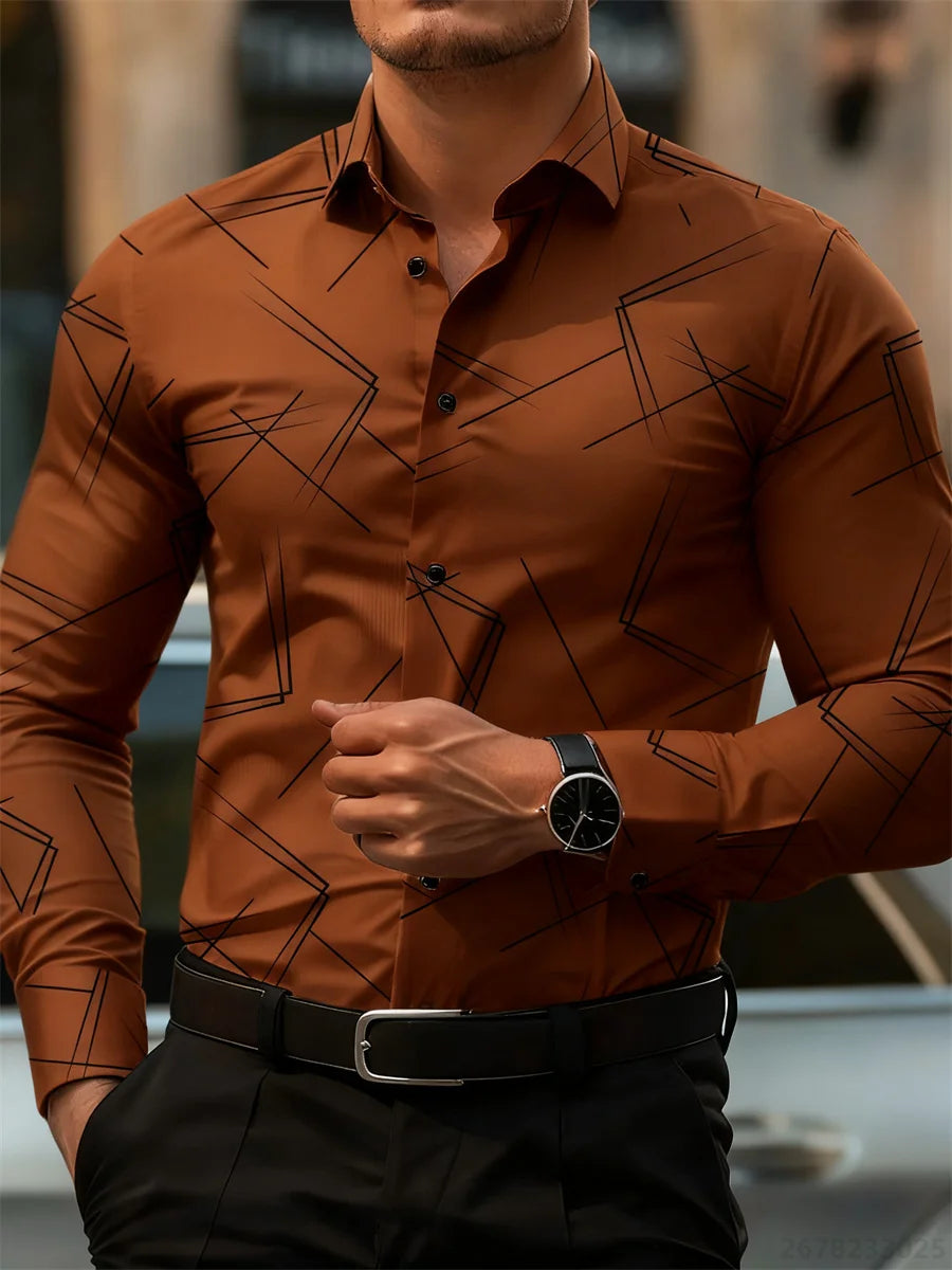 Men's trendy geometric line print long-sleeved shirt in slim fit, business casual style, non-iron, versatile design by Showlu Fashion Store