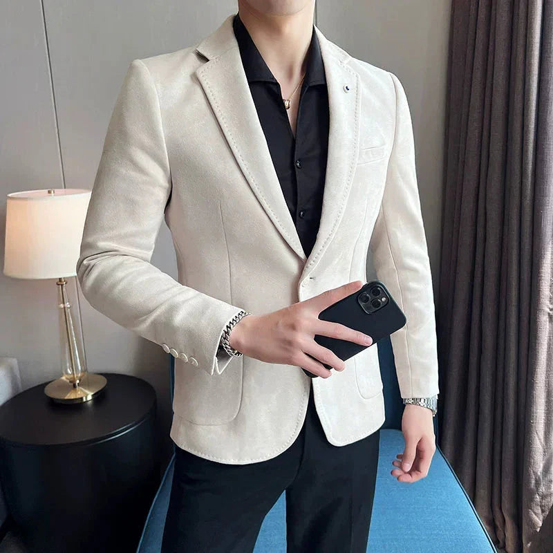 Men's slim fit deerskin velvet blazer by SHOWLU FASHION STORE, luxury smart casual coat with tailored fit and soft velvet texture.