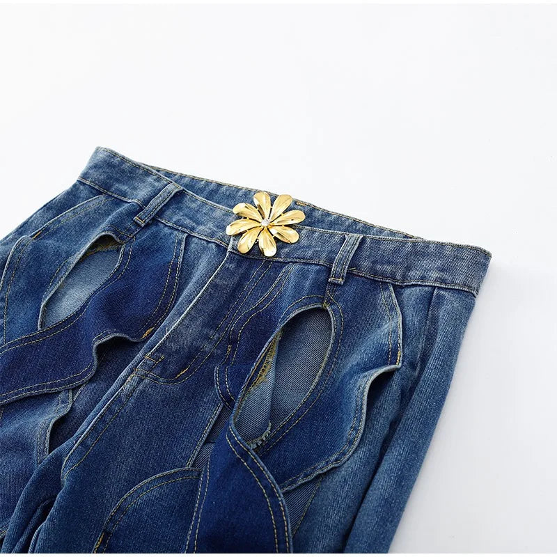 Talenza Women's Summer High Waist Pants Casual Patchwork Sexy Hollow Button Jeans Loose Fashion Streetwear Y2k Women's Pants