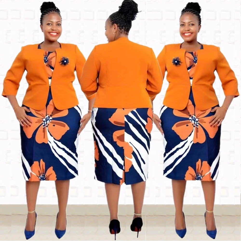 Plus Size Fashional New Arrival African Office Ladies Floral Print Coat and Dresses Suits For Eleagant Women