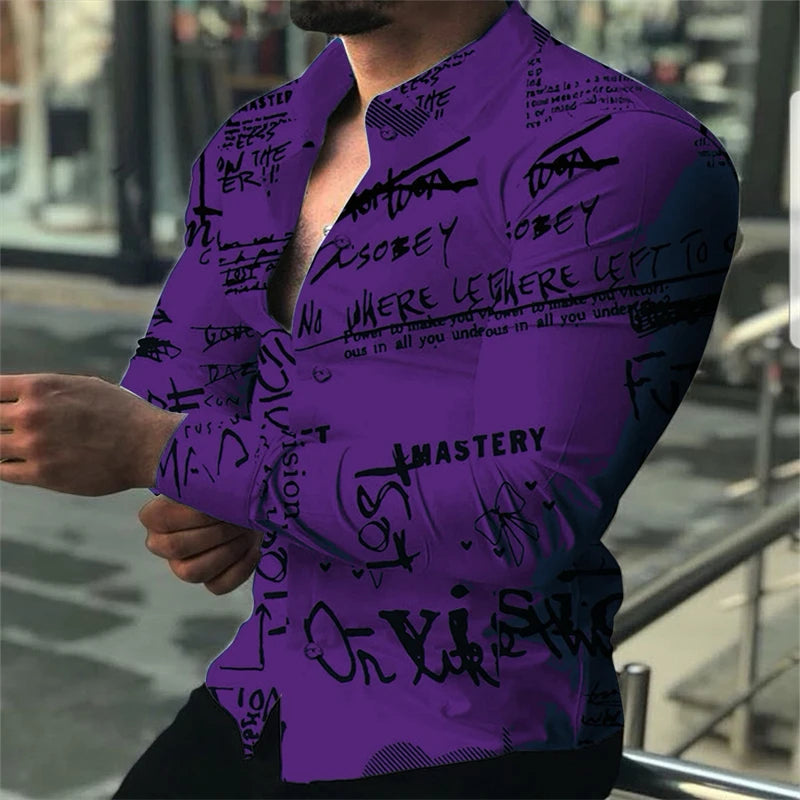 Long-sleeved men's Hawaiian shirt with 3D letter pattern in seven colors, loose fit, spring style, available in 6XL size.