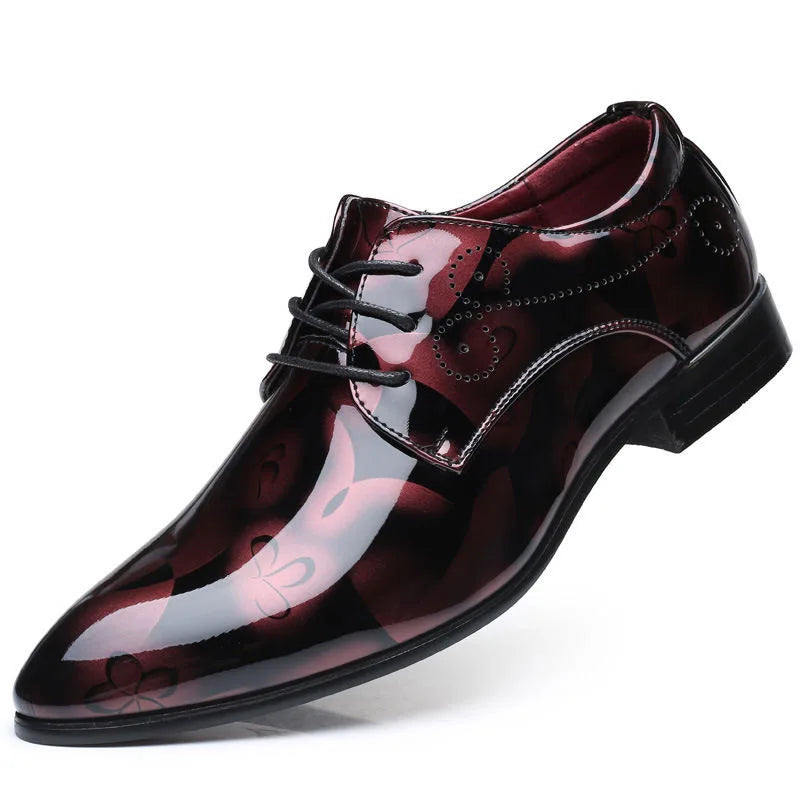 Men's black patent leather oxford shoes with pointed toes, ideal for wedding dress attire, by Showlu Fashion Store.