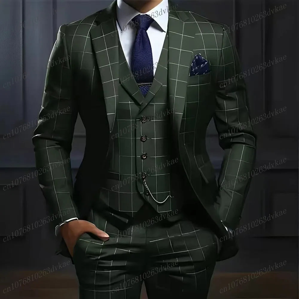 Navy blue men's plaid suit by Showlu Fashion, includes blazer, vest, and pants, perfect for wedding, formal, or business occasions