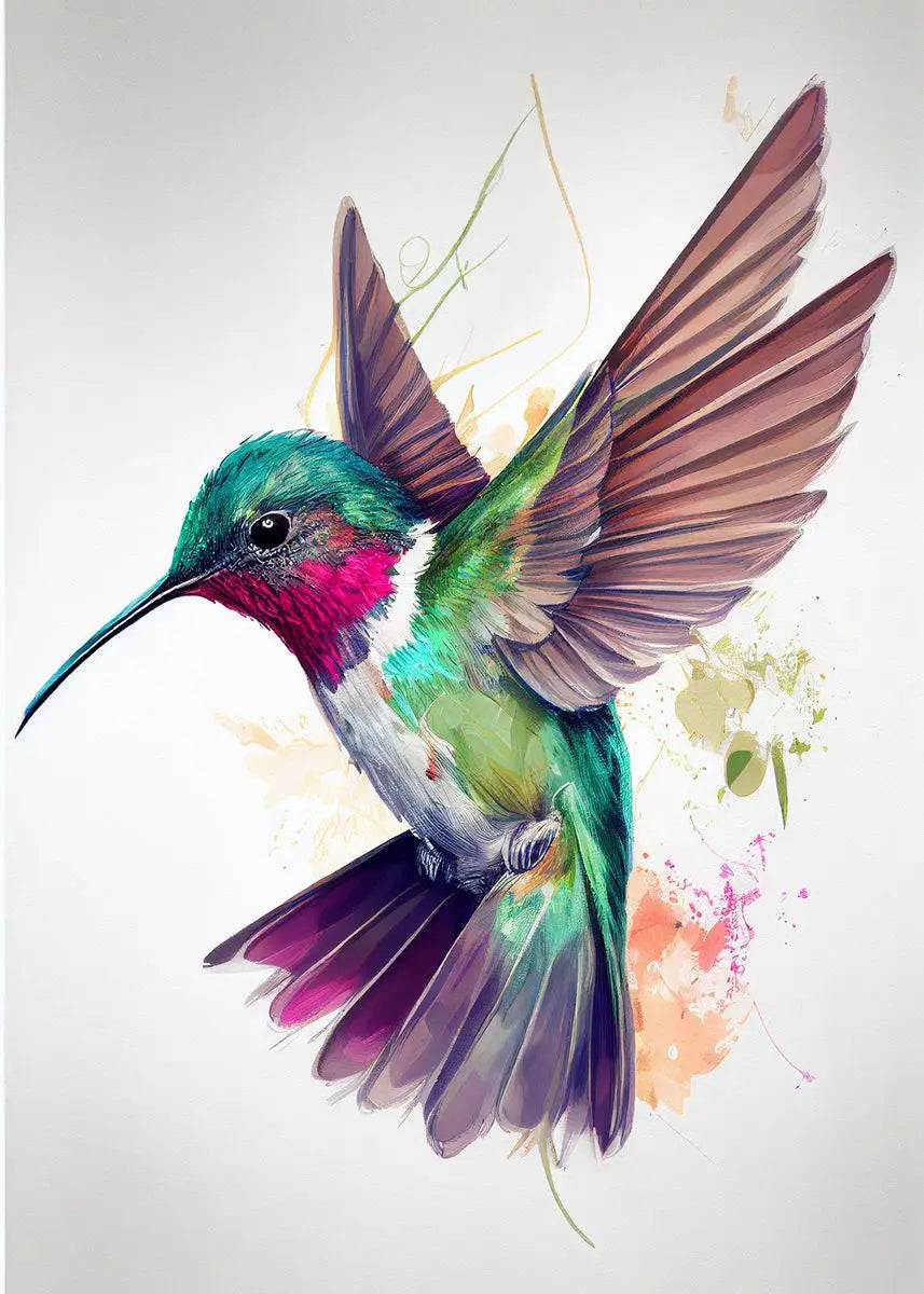 Colorful watercolor hummingbird and flower wall art canvas painting, vibrant bird and floral decor for living room or home.