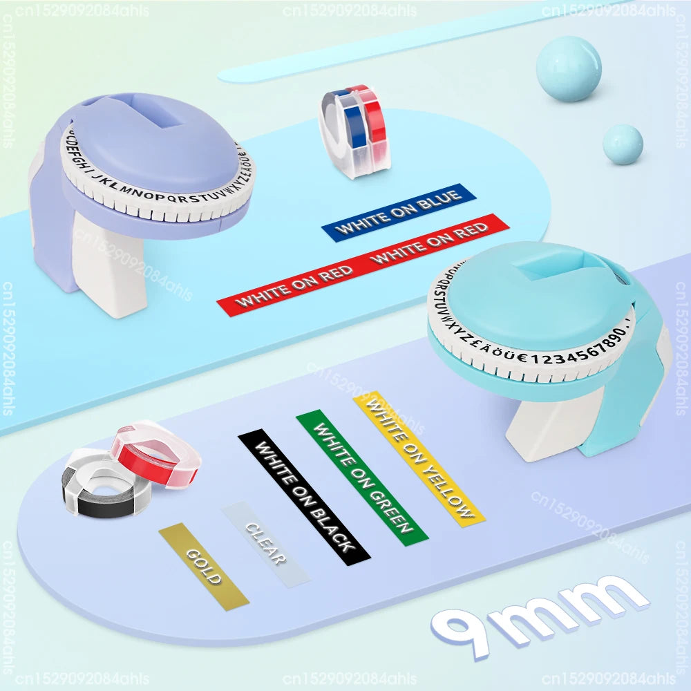 Showlu Smart General manual embossing label maker with 3D tape printer, 9mm width, showing the device and embossed labels.
