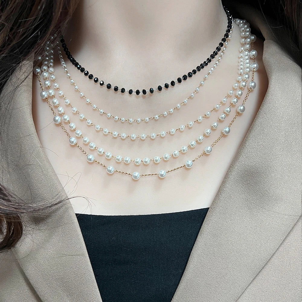 Stainless steel pearl choker necklace for women with a simple strand bead chain, handmade fashion jewelry.