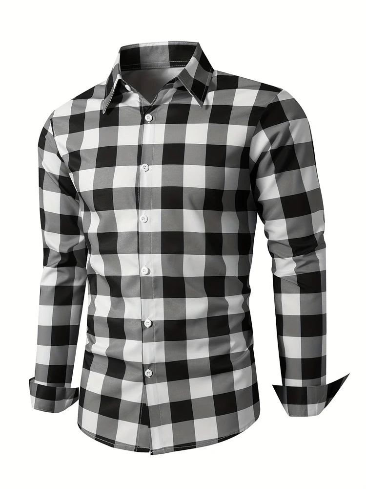 Men's long sleeve shirt with square stripe 3D print, button-down, casual animal pattern, autumn fashion, Showlu brand.