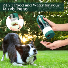 A person holds a portable two-in-one pet water bottle and food dispenser near a dog.