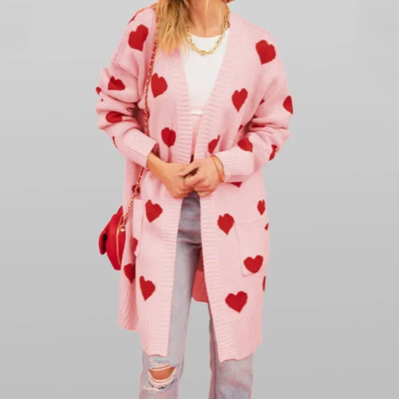 2025 Women Heart Maxi Sweater Cardigan Kintted Jacket Long Spring Valentine's Day Loose Crochet Winter Warm Jumper Coat Sweaters