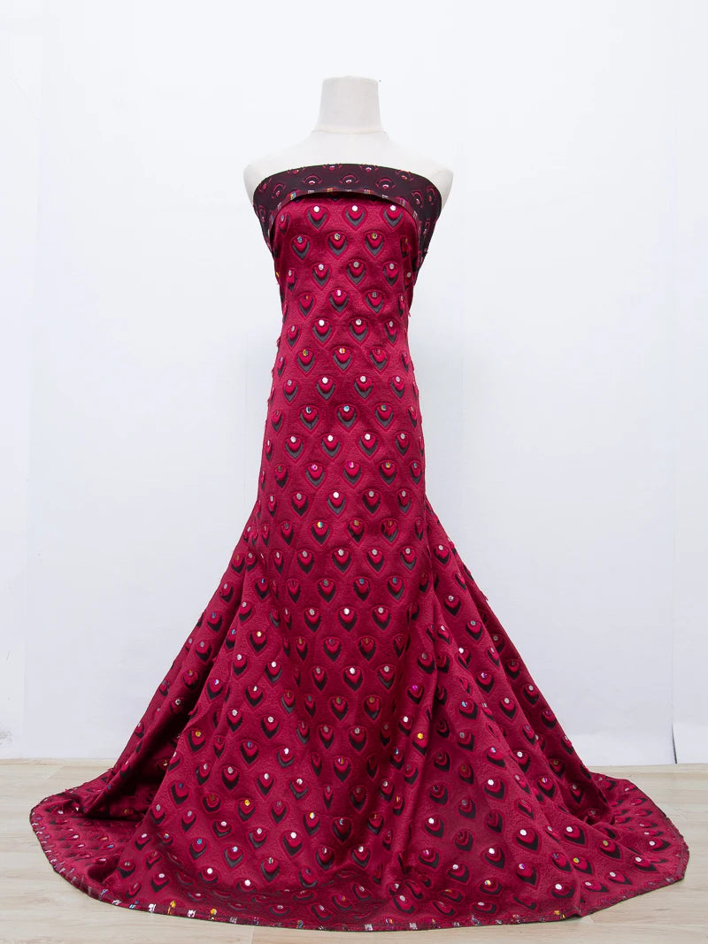 Red African Damask brocade lace fabric by Zhenguiru, 5 yards of intricate jacquard textile with elegant damask pattern.