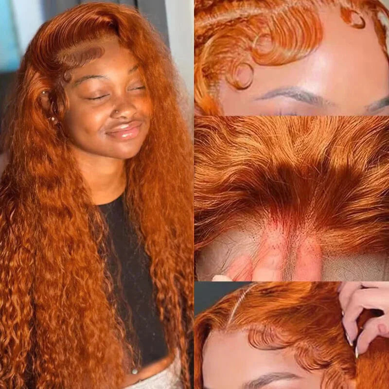 SHOWLU FASHION STORE UKOWN Ginger Orange Water Wave 13x6 lace front human hair wig, showcasing vibrant orange and water wave texture.