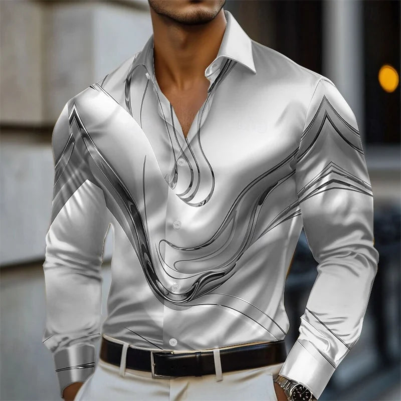 Men's abstract liquid art satin shirt by Showlu Fashion with long sleeves, pink, blue, gold, and green colors, casual vacation style.